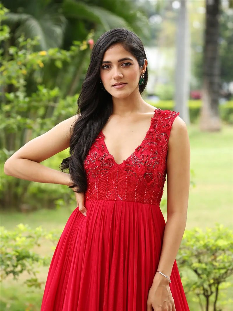 Telugu Actress Simran Choudhary in Red Dress at Atharva Movie Press Meet